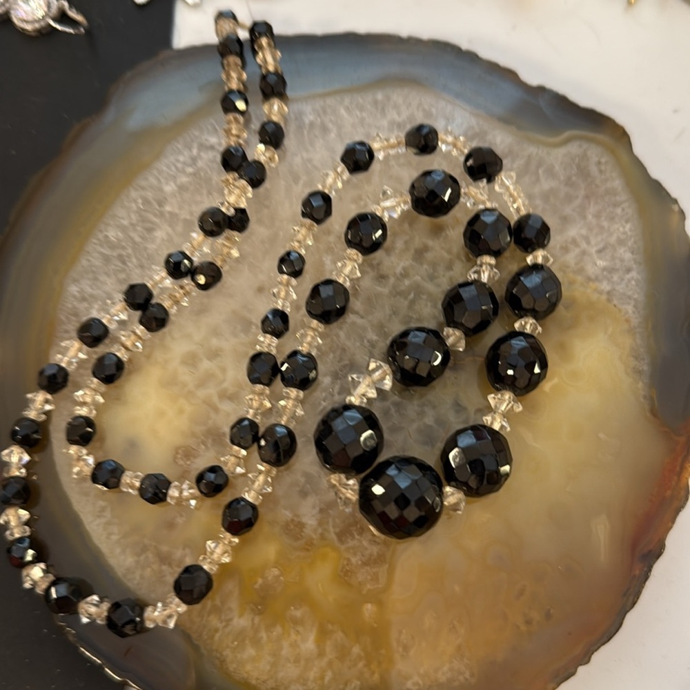 Stringing needed! antique beads black & clear glass faceted  necklace was 28"